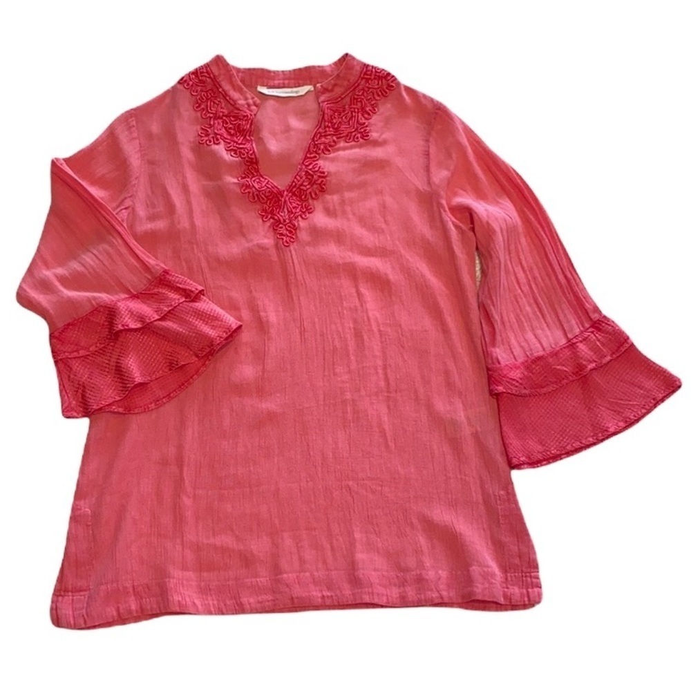 Soft Surroundings Size XS Romantic Pink Embroidered Plunge Neck 3/4 Sleeve